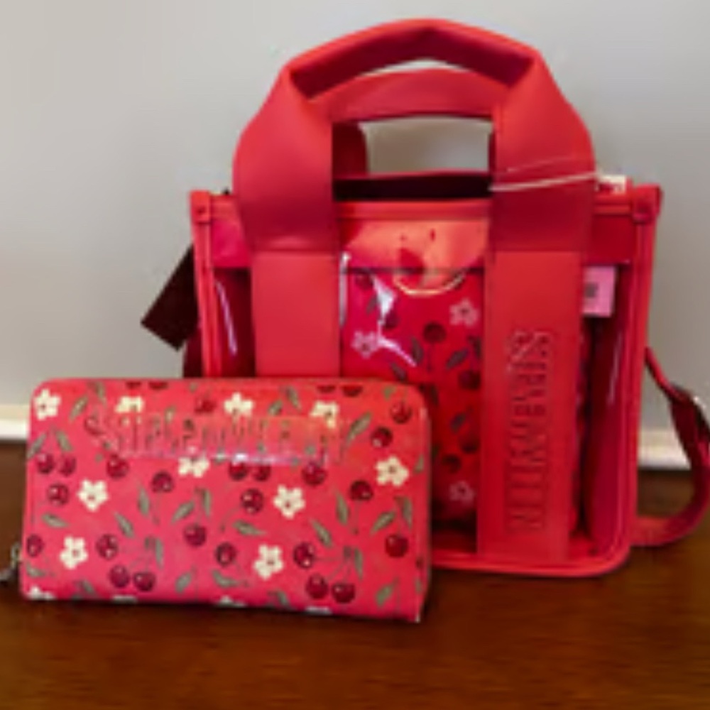Steve Madden BWebber Cherry Clear Bag With Wallet & cosmetic bag Set nwt